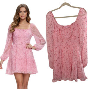 Mi Ami Smocked Ditsy Hearts Mini Dress Wmn's Sz M Pink /Red Tiered Sheer Sleeve